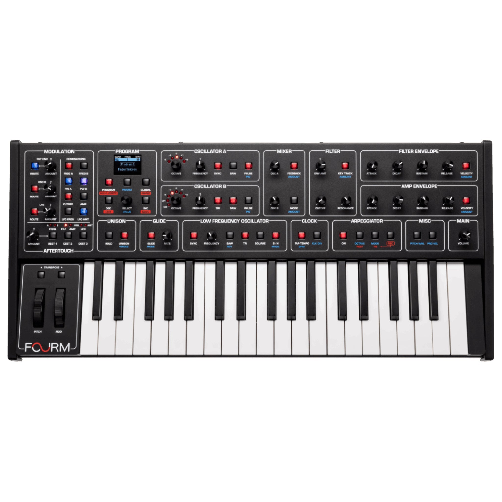 Top view of a black and white 32-key analog keyboard synthesizer with multiple knobs, buttons, and small display screen.