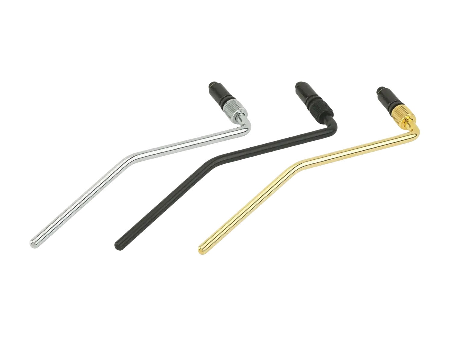 Three differently colored tremolo arms with knurled collars, arranged side by side on a white background.