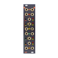 Vertical eurorack module panel with multiple 3.5mm jacks, toggle switches, and LED indicators in black and orange design.