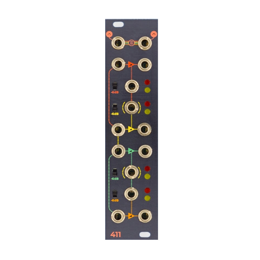 Vertical eurorack module panel with multiple 3.5mm jacks, toggle switches, and LED indicators in black and orange design.