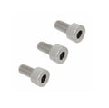 Three silver metal hex socket head screws with short threaded shafts on a white background.