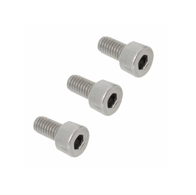Three silver metal hex socket head screws with short threaded shafts on a white background.