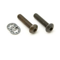 Two hex socket screws and two washers laid flat on a white background.