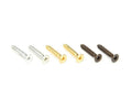 Six metal screws in three different finishes arranged in a row on a white background.