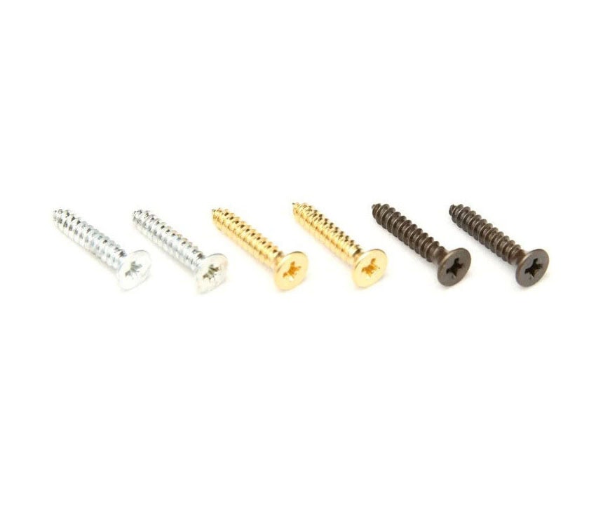 Six metal screws in three different finishes arranged in a row on a white background.
