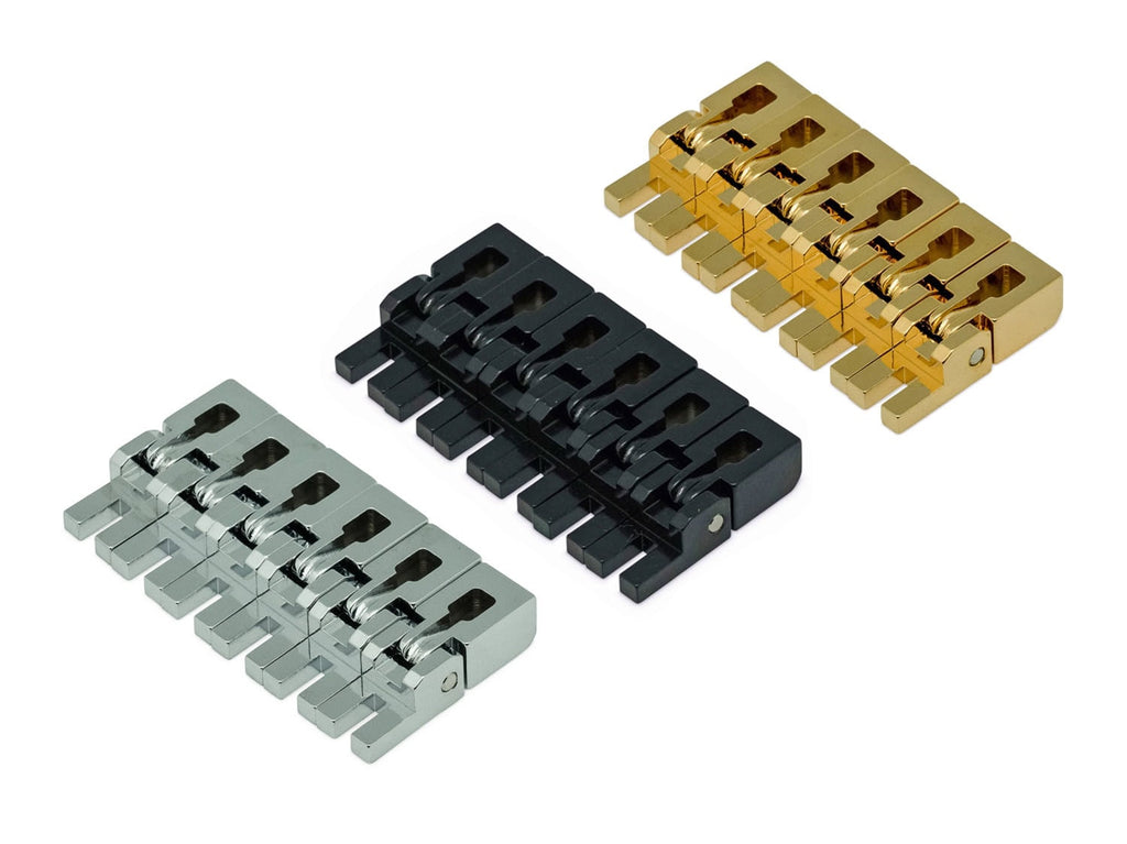 Three 6-unit metal guitar saddle sets in silver, black, and gold colors displayed on white background.