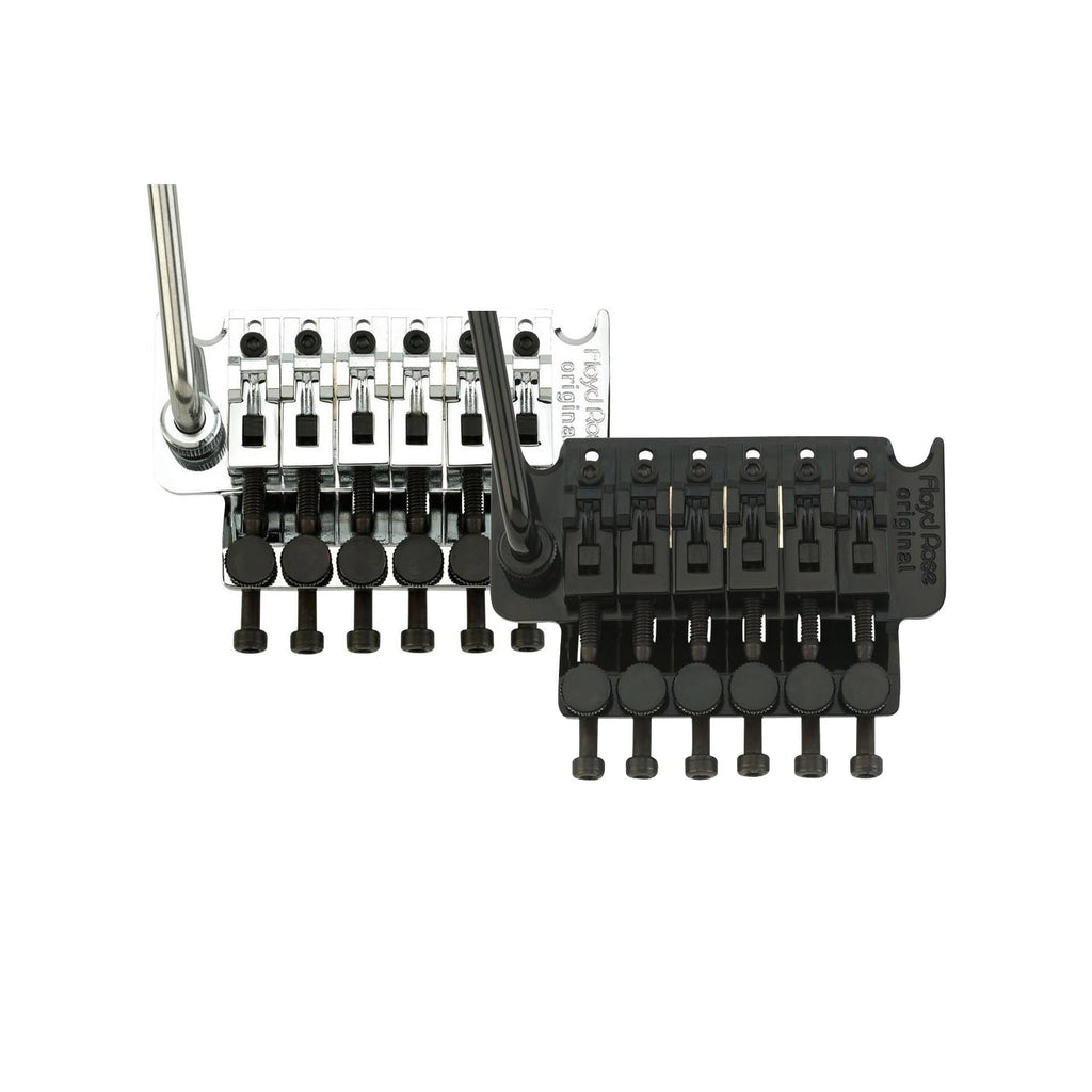 Two Floyd Rose Original tremolo bridges, one silver and one black, each with a tremolo arm attached.
