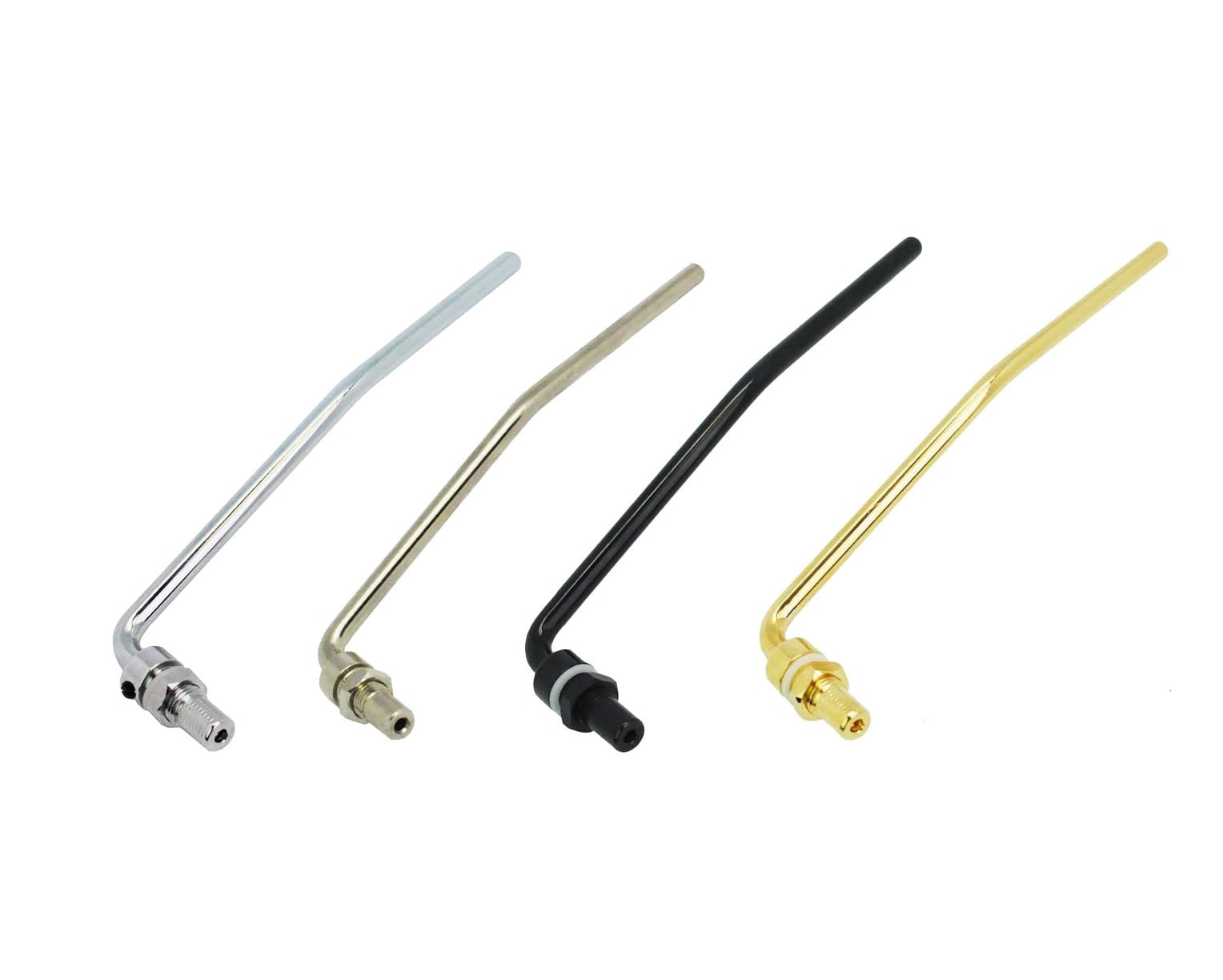 Four metal tremolo arms in silver, gold, black, and nickel finish with threaded ends for guitar mounting.