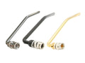 Three metal tremolo arms in silver, black, and gold colors with screw-in connectors on a white background.