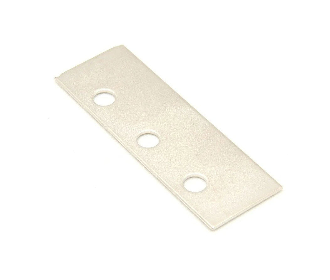 Silver rectangular metal shim plate with three circular holes.