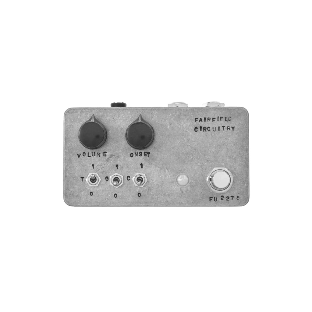 Metal guitar effect pedal with two knobs, three toggle switches, a footswitch and jack connectors.
