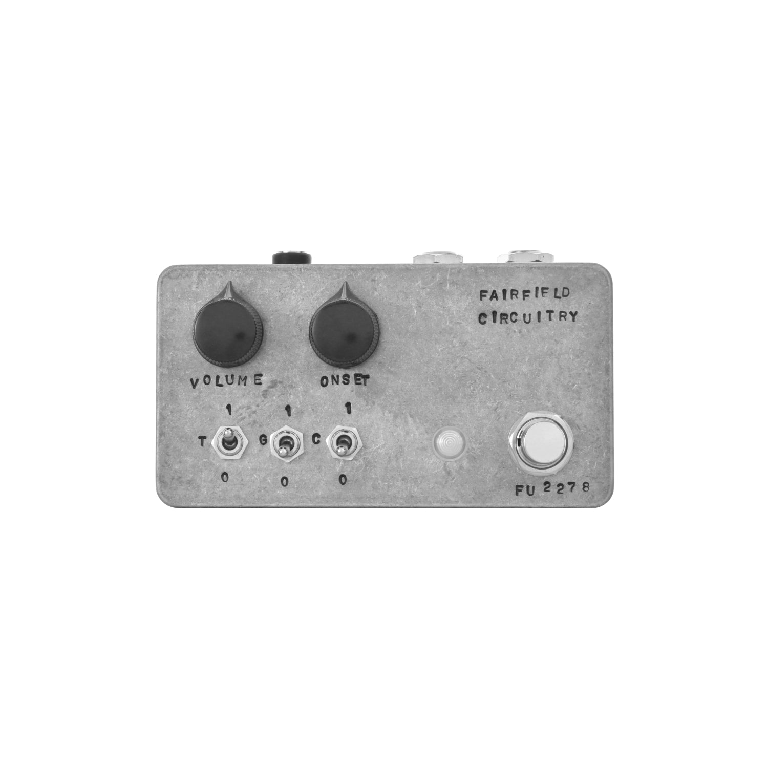 Metal guitar effect pedal with two knobs, three toggle switches, a footswitch and jack connectors.