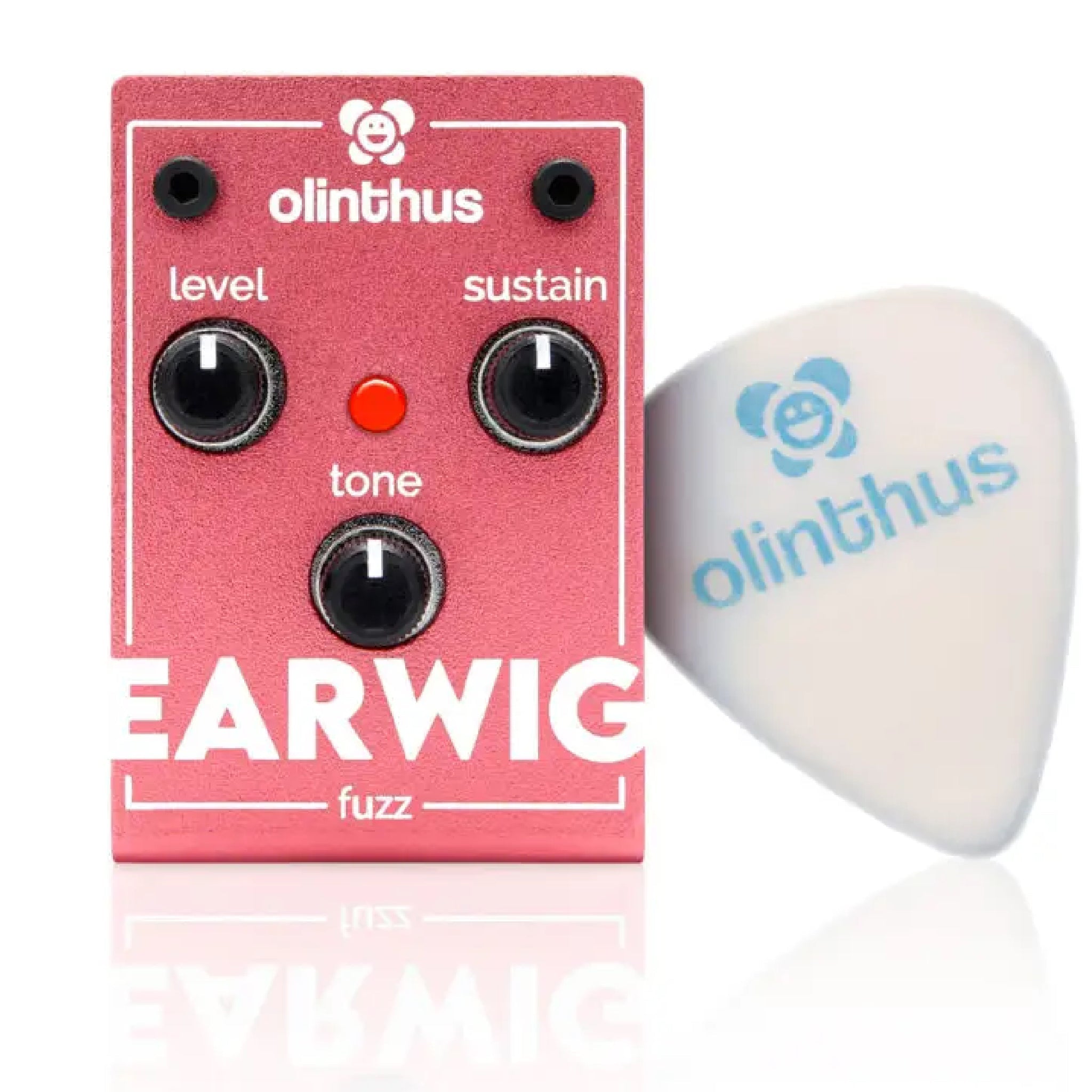 Pink guitar fuzz pedal with three knobs and a white guitar pick with a blue logo.
