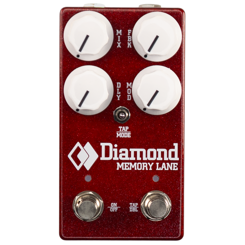 Red Diamond Memory Lane delay pedal with four white knobs, one toggle switch, and two footswitches.