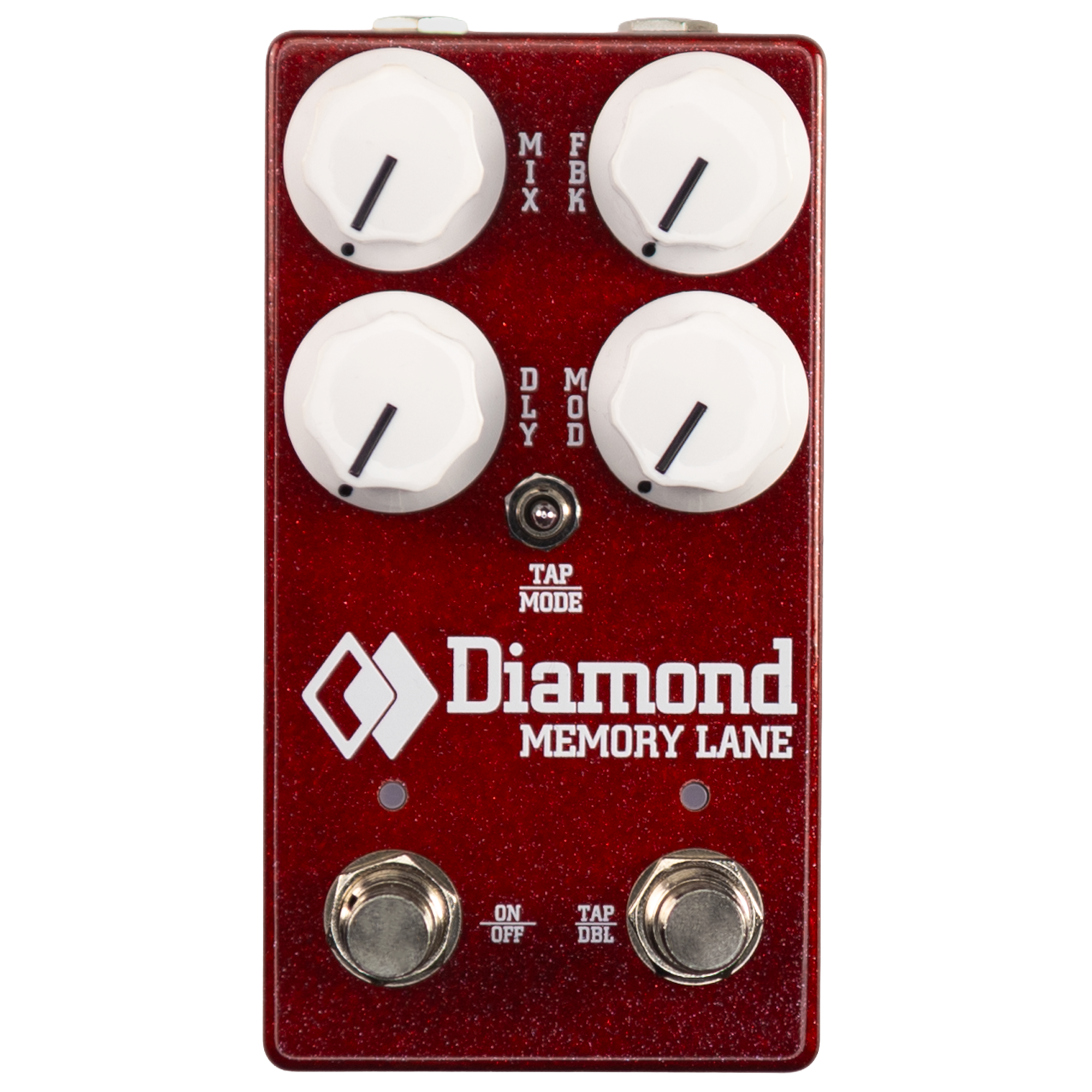 Red Diamond Memory Lane delay pedal with four white knobs, one toggle switch, and two footswitches.