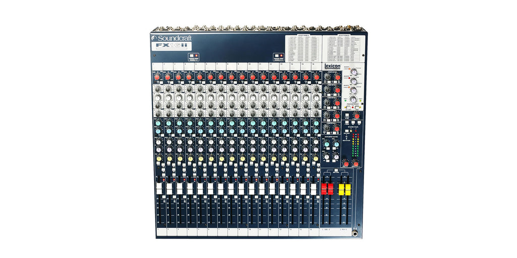 Top view of a Soundcraft FX16ii mixer with 16 mono channels, multiple knobs and faders, and lexicon effects section.