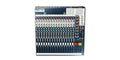 Top view of a Soundcraft FX16ii mixer with 16 mono channels, multiple knobs and faders, and lexicon effects section.
