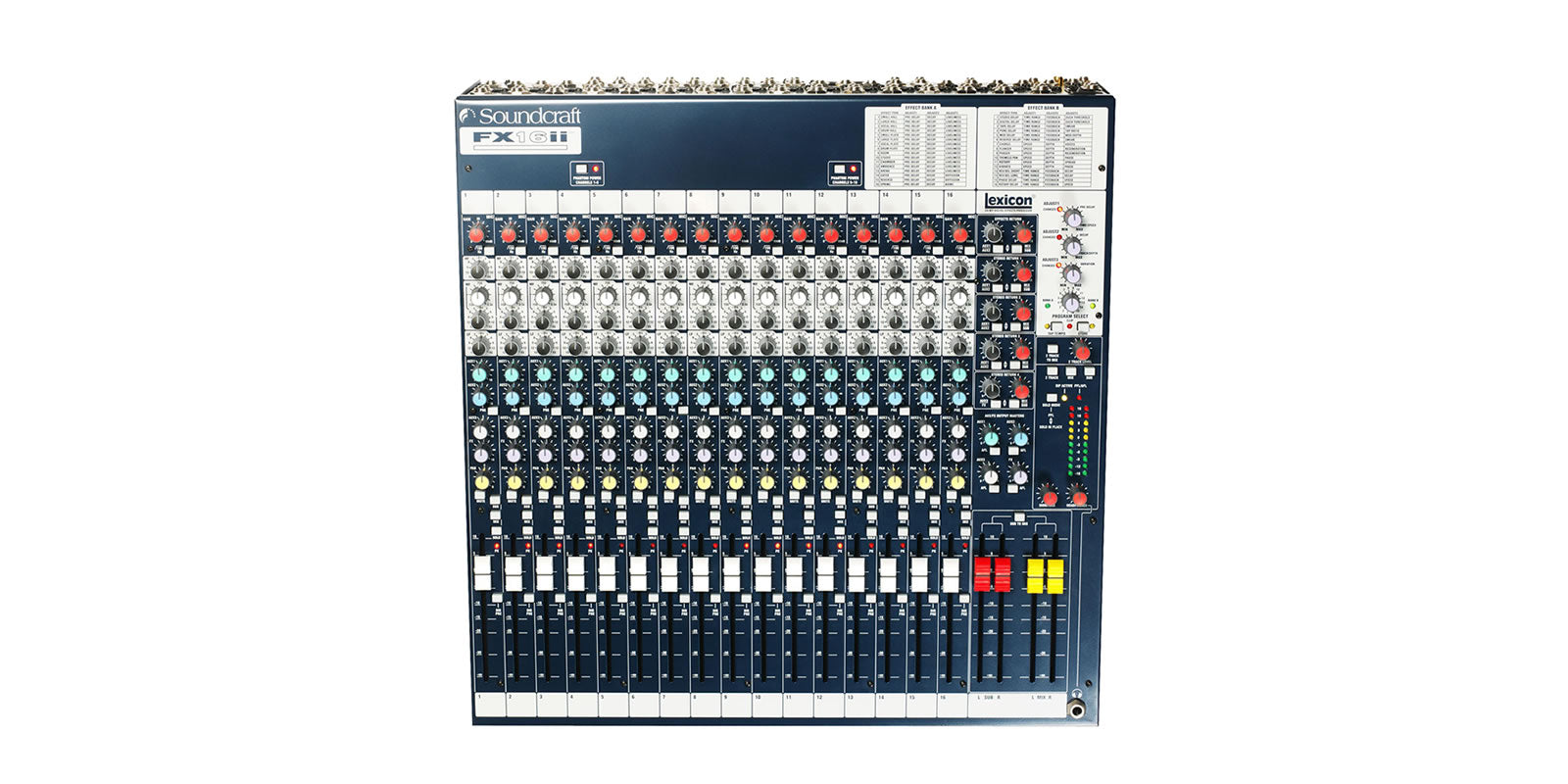 Top view of a Soundcraft FX16ii mixer with 16 mono channels, multiple knobs and faders, and lexicon effects section.