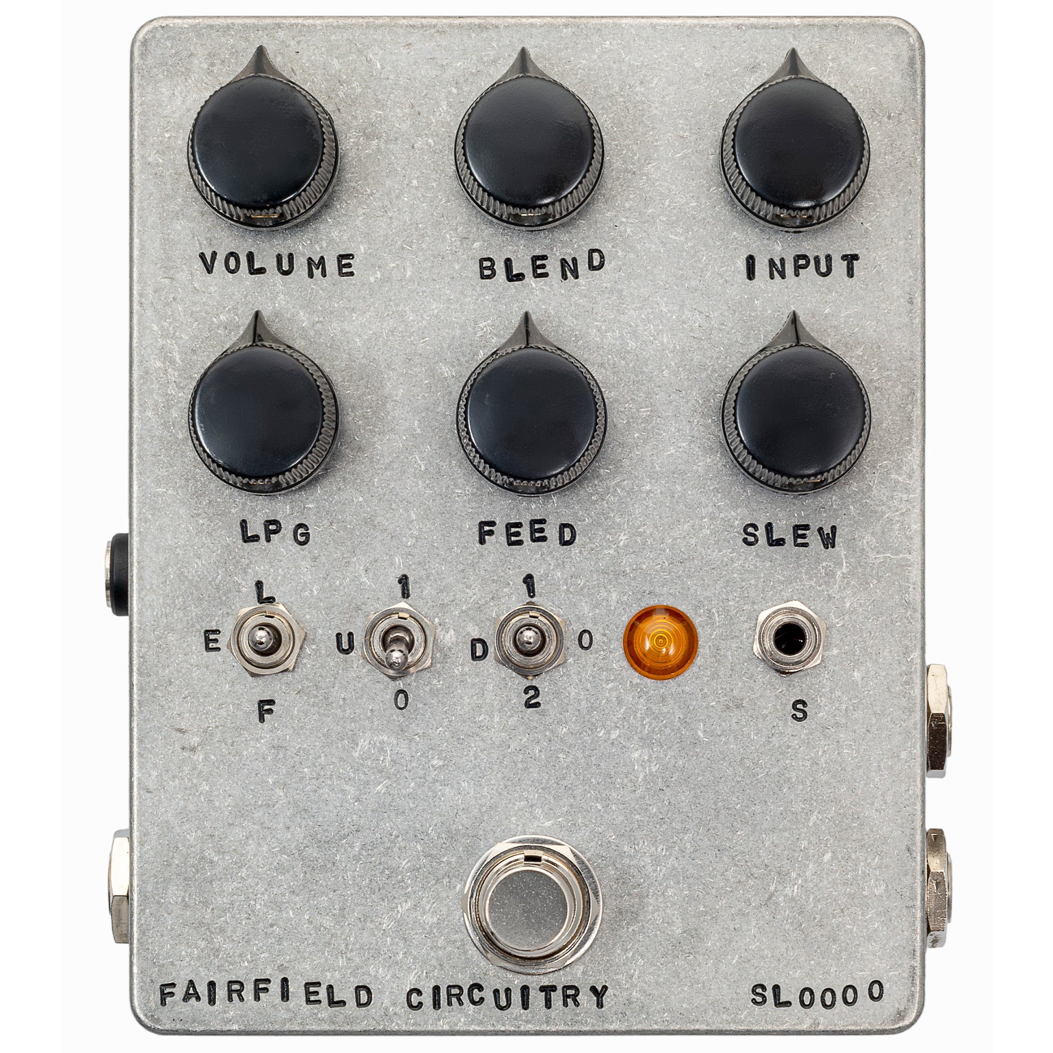 Metal guitar effects pedal with multiple knobs, toggle switches, a footswitch, and an indicator light.