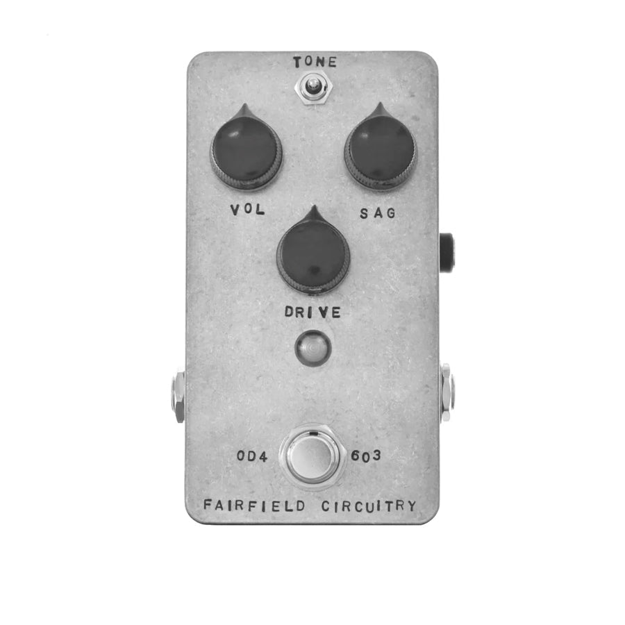 Metal guitar effects pedal with three knobs, a toggle switch, footswitch, and side audio jacks.