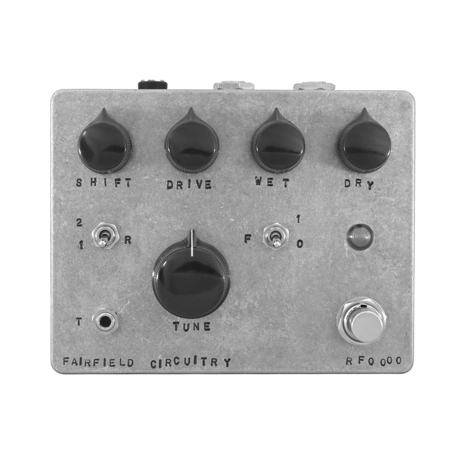 Metal guitar effects pedal with four black knobs, two toggle switches, a footswitch, and one jack input.