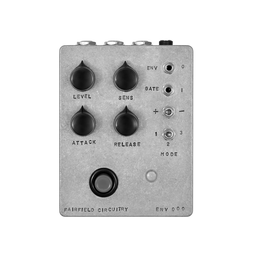 Metal pedal with four black knobs, two toggle switches, two jack sockets, and one button on the front panel.