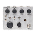 Metal guitar effects pedal with six knobs, six toggle switches, one footswitch, and indicator light.