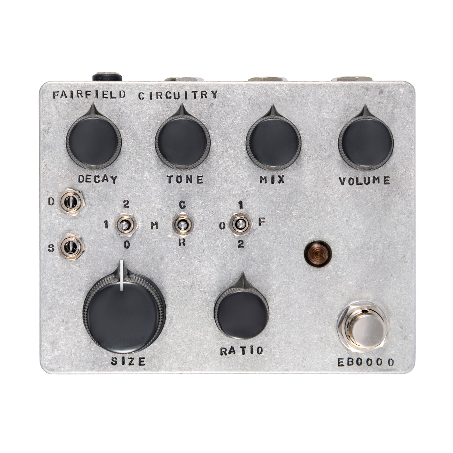 Metal guitar effects pedal with six knobs, six toggle switches, one footswitch, and indicator light.
