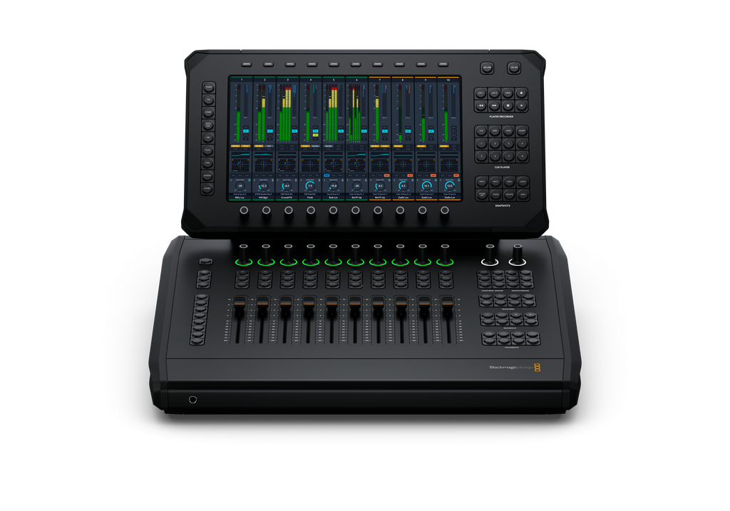 Black audio mixing console with touchscreen display, buttons, rotary knobs, and faders on a black background.