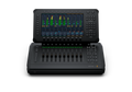 Black audio mixing console with touchscreen display, buttons, rotary knobs, and faders on a black background.