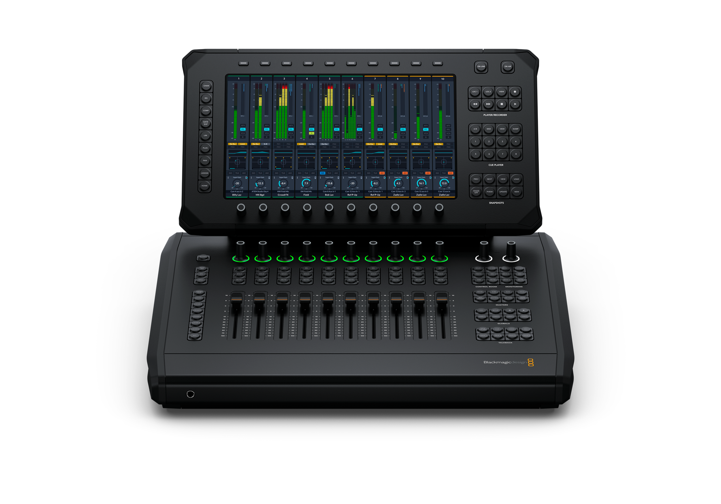 Black audio mixing console with touchscreen display, buttons, rotary knobs, and faders on a black background.