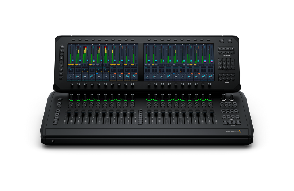 Black audio mixing console with two display screens showing level meters and multiple faders, knobs, and buttons.
