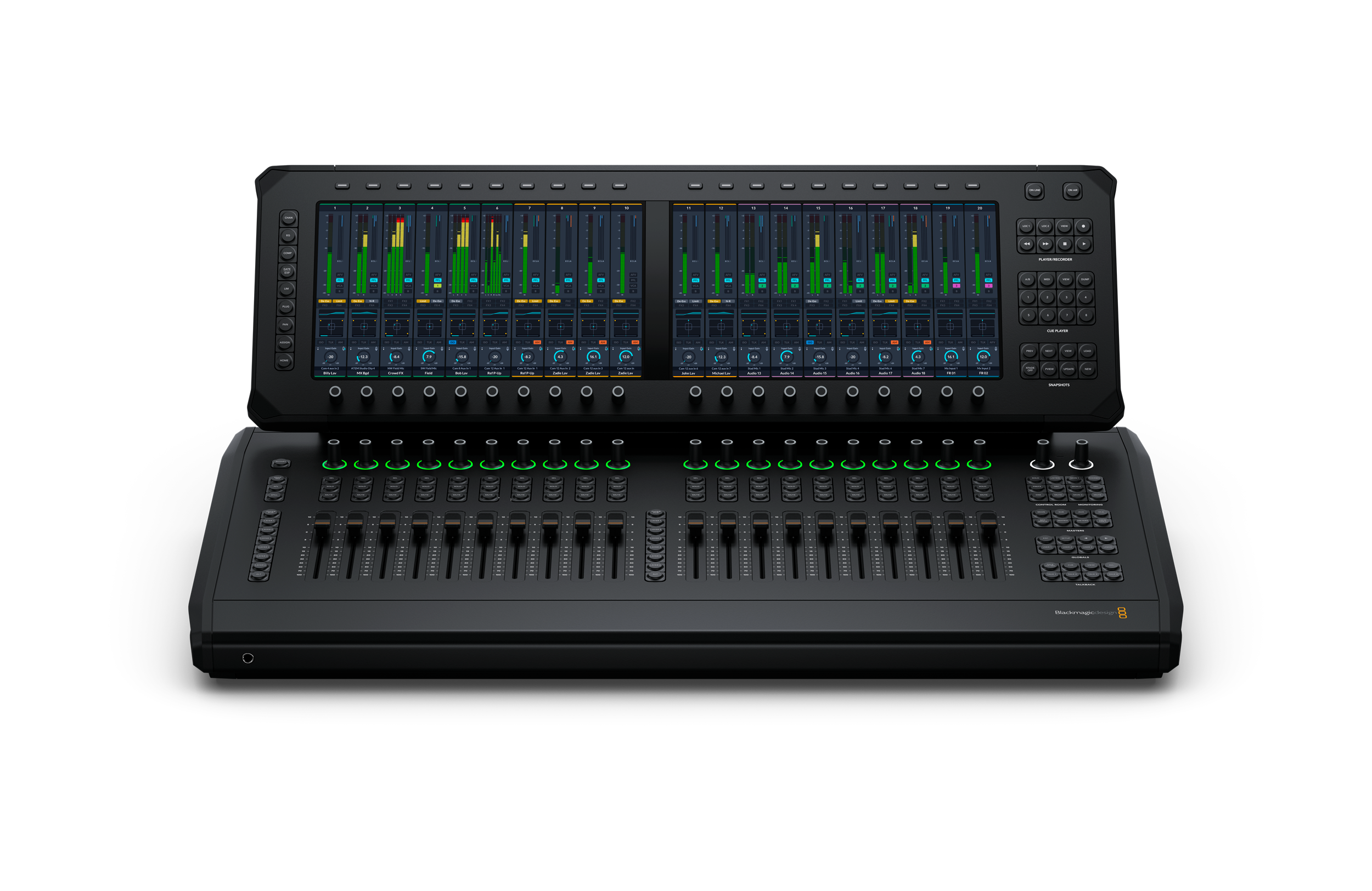 Black audio mixing console with two display screens showing level meters and multiple faders, knobs, and buttons.