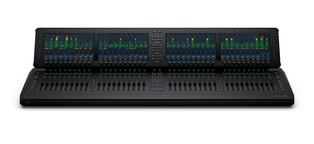 Black audio mixer console with multiple faders, illuminated rotary knobs, push buttons, and large color LCD screens with audio levels.