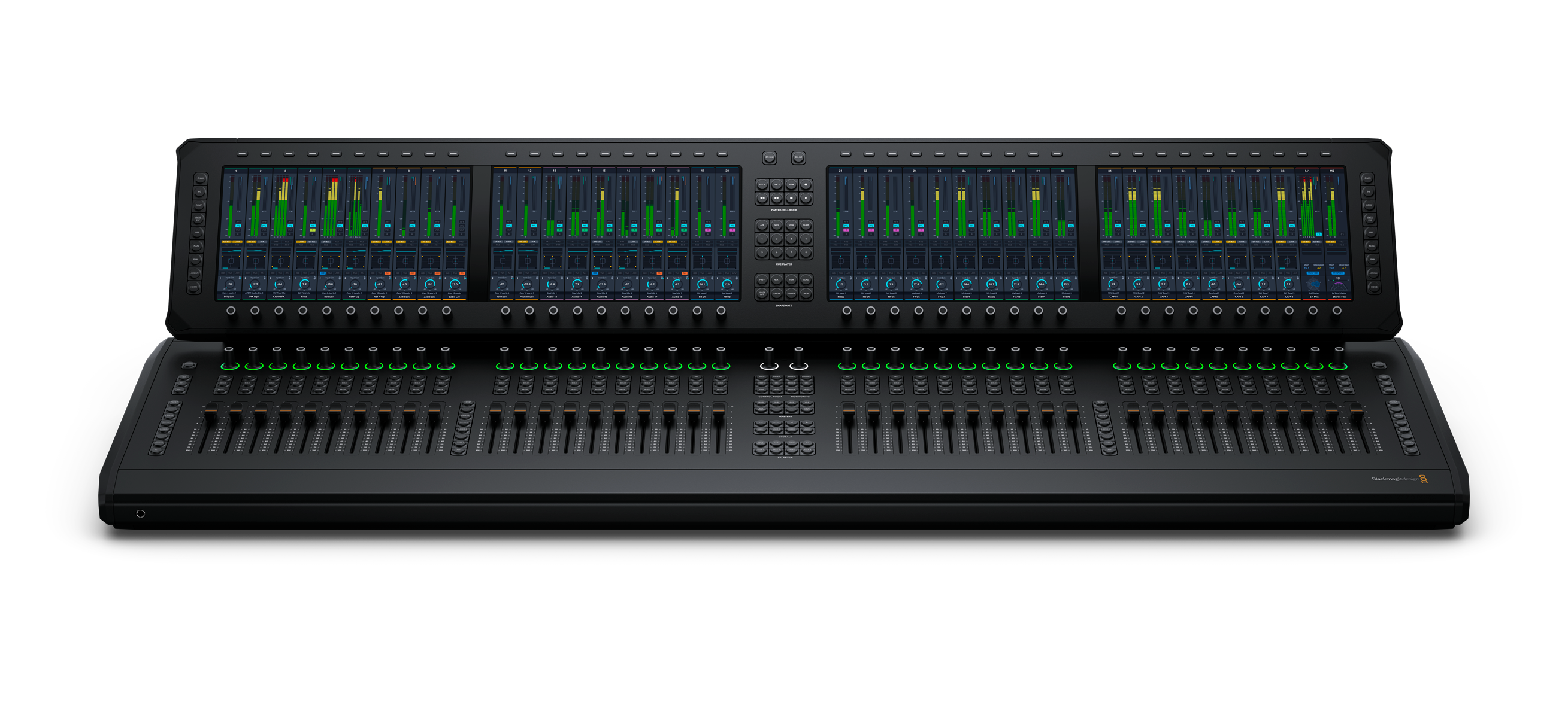 Black audio mixer console with multiple faders, illuminated rotary knobs, push buttons, and large color LCD screens with audio levels.