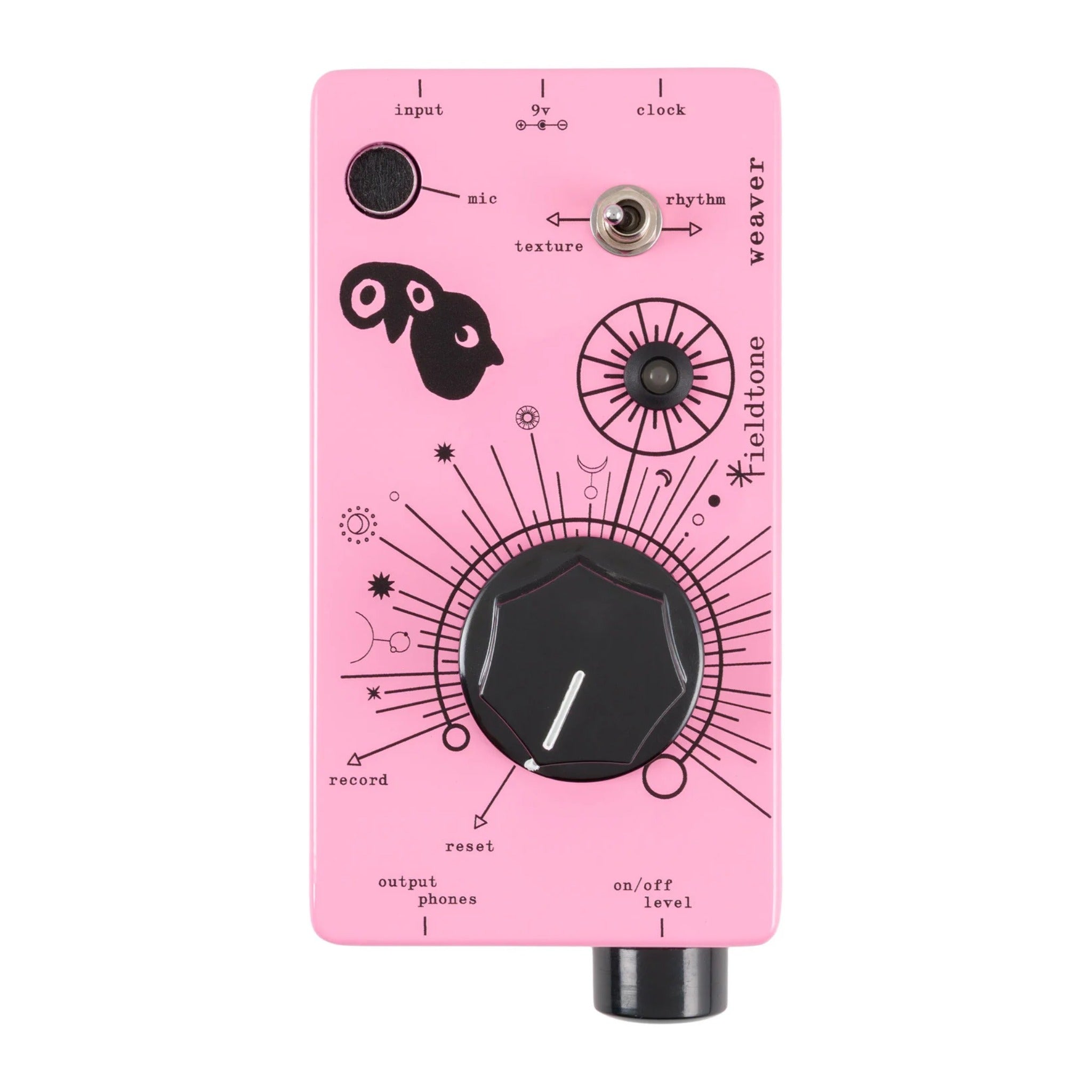 Pink handheld audio device with knobs, toggle switch, and various labeled inputs and outputs.