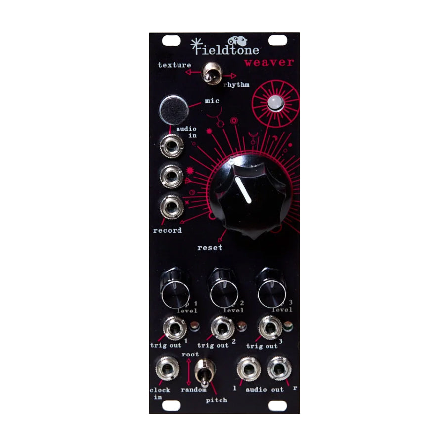 Black modular synthesizer panel with multiple knobs, toggle switch, and 3.5mm jacks labeled with various functions.