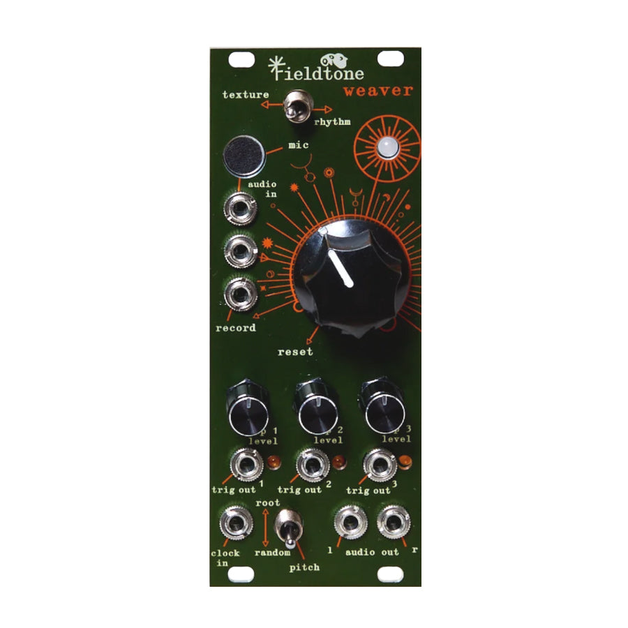 Forest green Fieldtone Weaver module with knobs, toggle switch, jacks, and labels for audio and trigger functions.