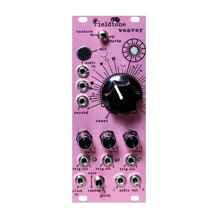 Pink eurorack module with black knobs, switches, and multiple input/output jacks labeled for audio and triggers.
