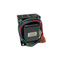 Black transformer with multicolored wires and a label showing numbers and codes.