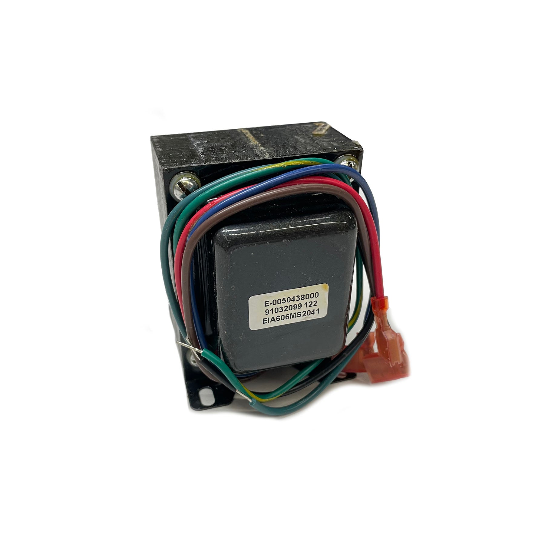 Black transformer with multicolored wires and a label showing numbers and codes.