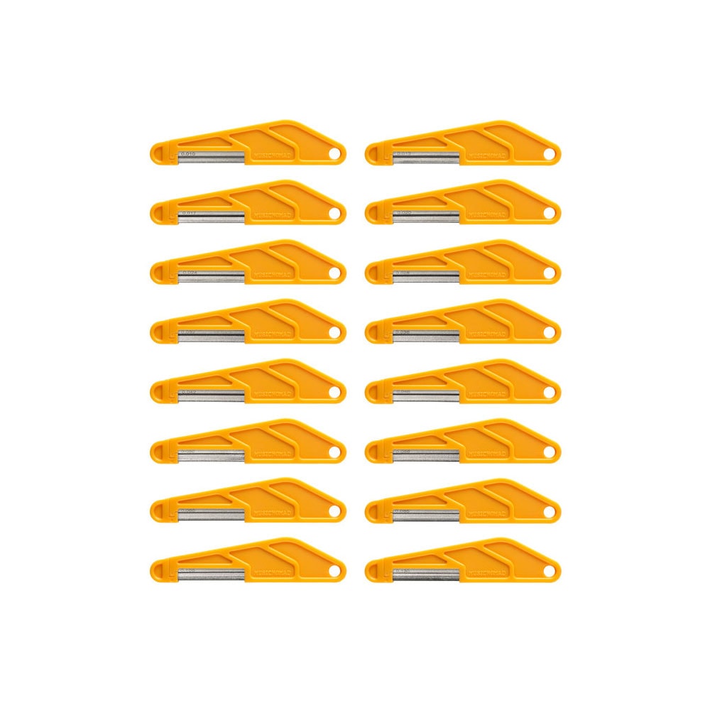 Fifteen yellow-handled metal files arranged in a grid on a white background.