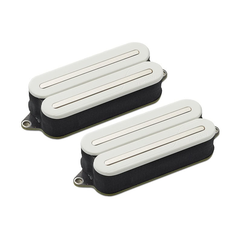 Two white electric guitar pickups with black bases shown on a white background.