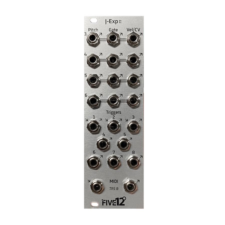 Silver modular synth panel with multiple labeled jack sockets for pitch, gate, velocity/CV, triggers, and MIDI connections.