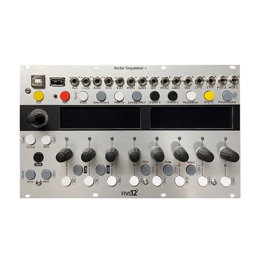 Silver audio sequencer module with multiple knobs, buttons, two displays, and various input/output ports.