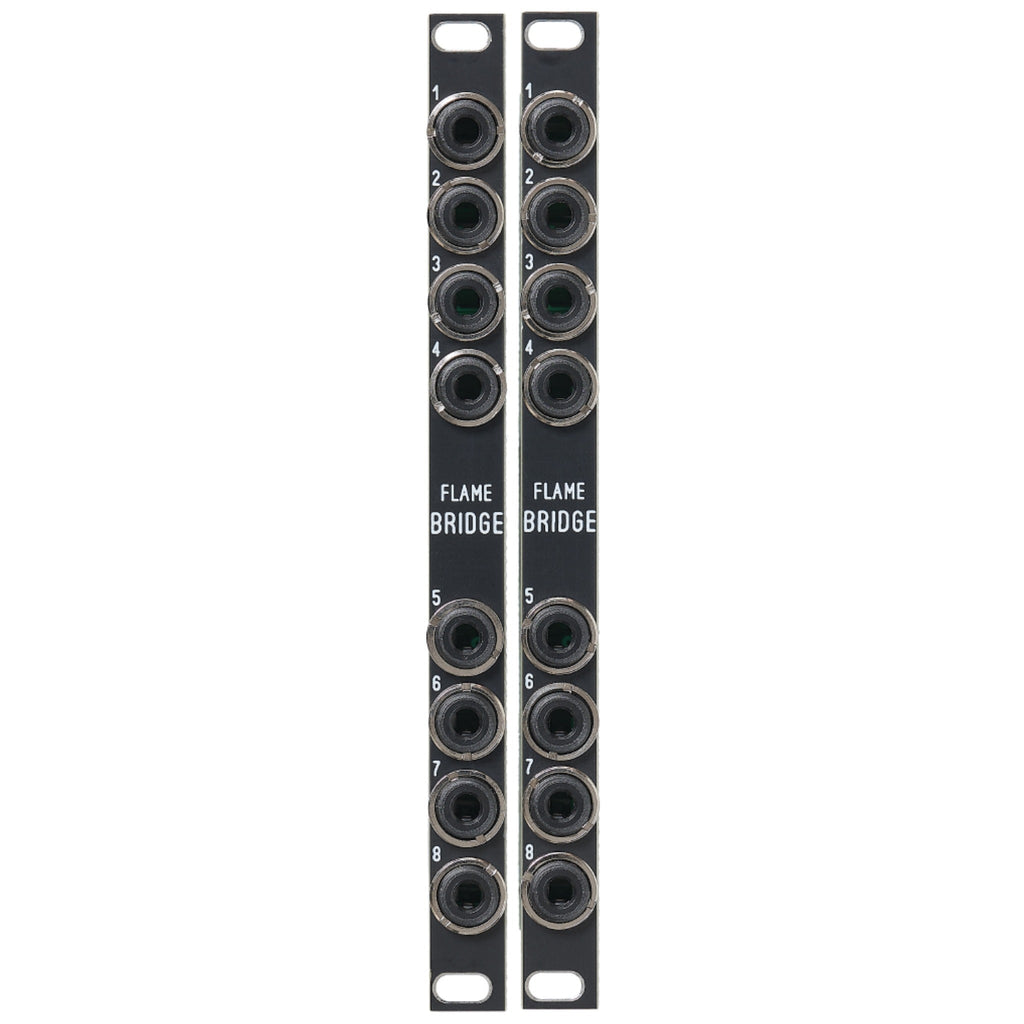 Two black vertical panels each with eight numbered 3.5mm audio jack connectors labeled Flame Bridge.