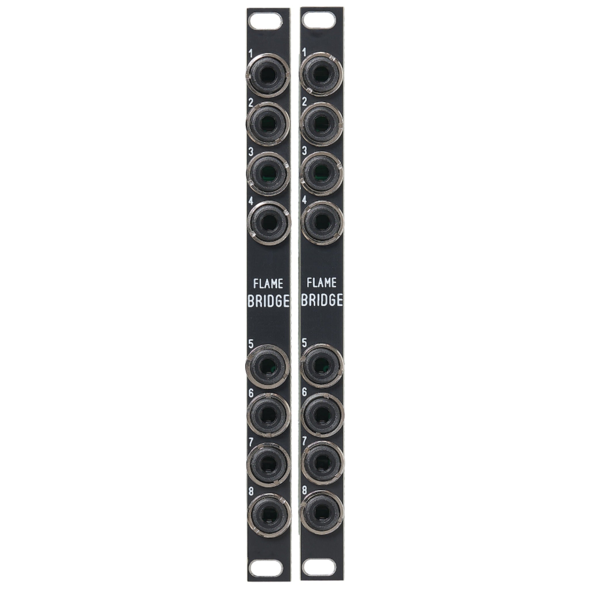 Two black vertical panels each with eight numbered 3.5mm audio jack connectors labeled Flame Bridge.
