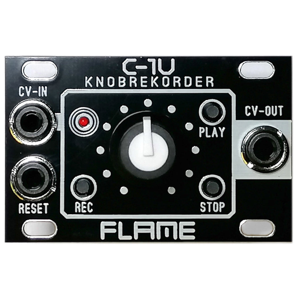 Black Flame C-1U Knob Recorder module with one central knob, four labeled buttons, and four 3.5mm jacks.
