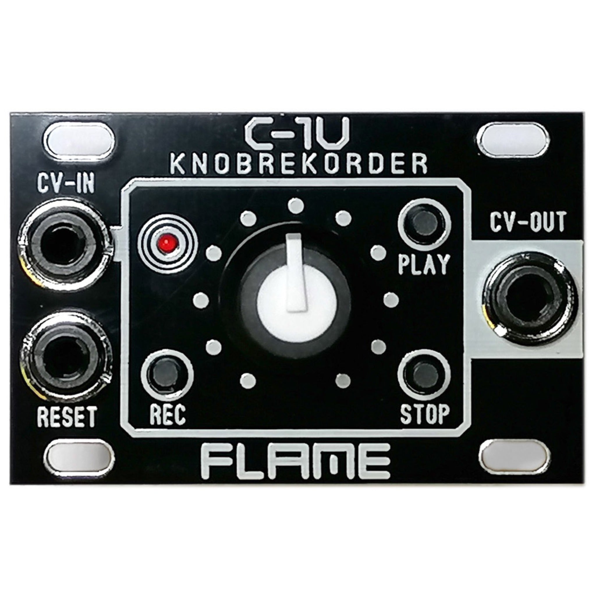 Black Flame C-1U Knob Recorder module with one central knob, four labeled buttons, and four 3.5mm jacks.