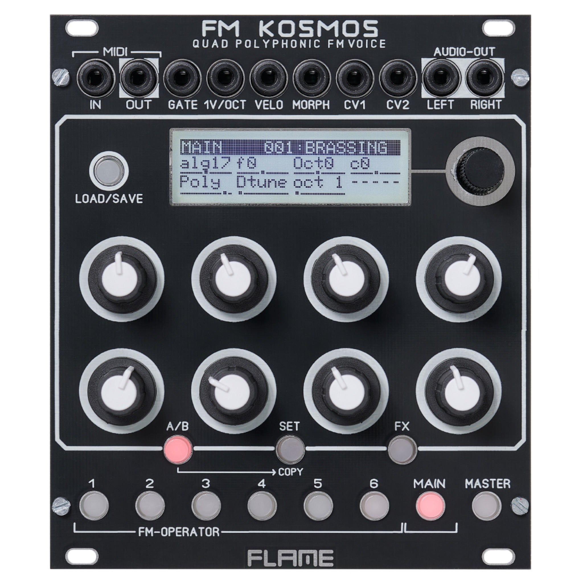 Black FM Kosmos synthesizer module with multiple knobs, buttons, a screen, and audio and MIDI jacks.